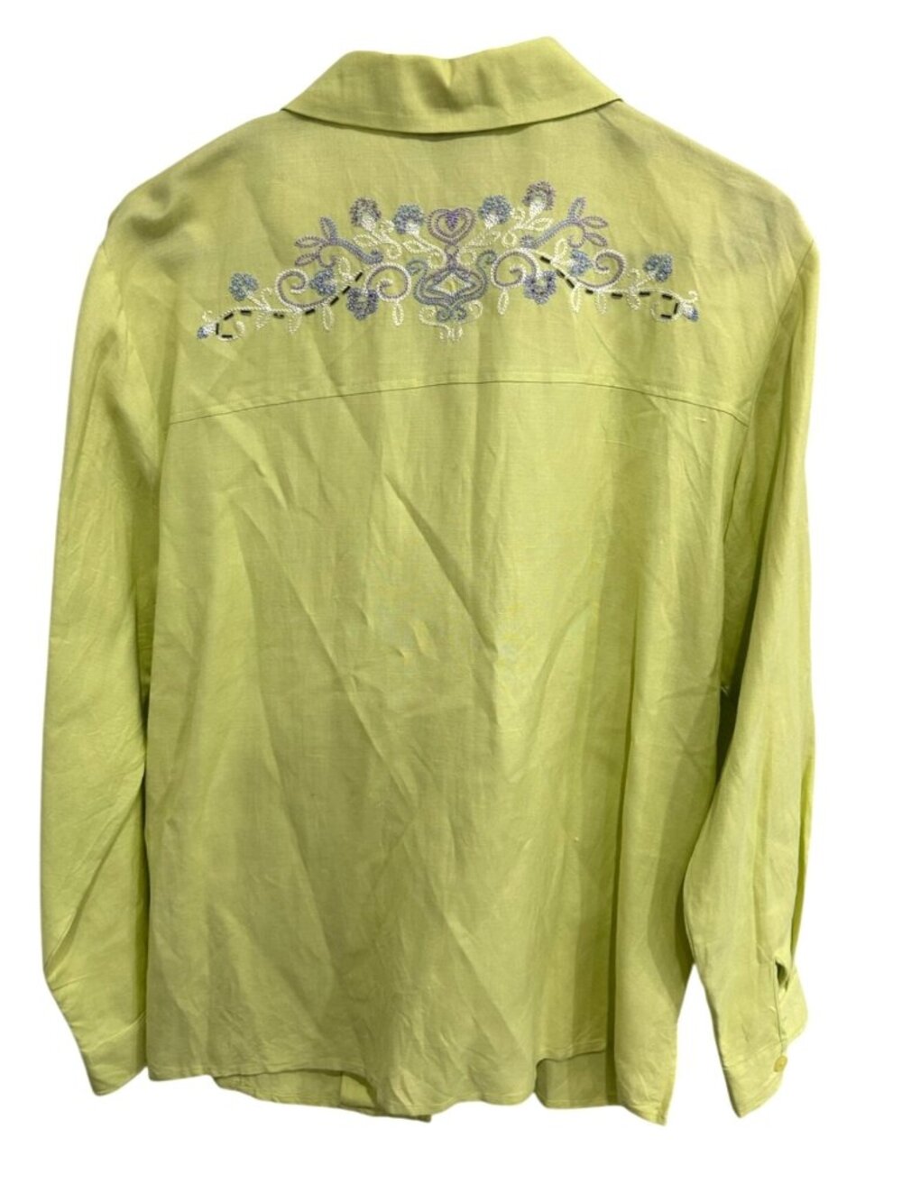 Susan Graver Style Green  Long Sleeve Top Sz L Linen Blend Floral Embroidery